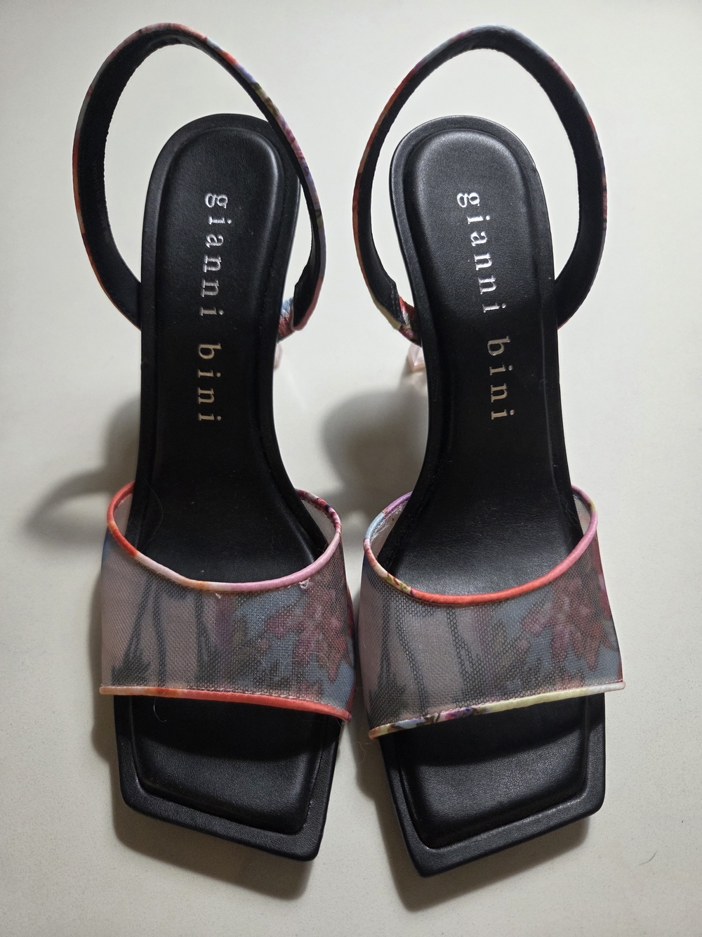 Gianni Bini Black Floral Mesh Open-Toe Heels with Multicolor Trim